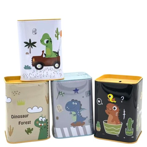 Skarbonka Dinozaur W Samochodzie Nauka Oszczędzania Metalowa Biała 11x8cm