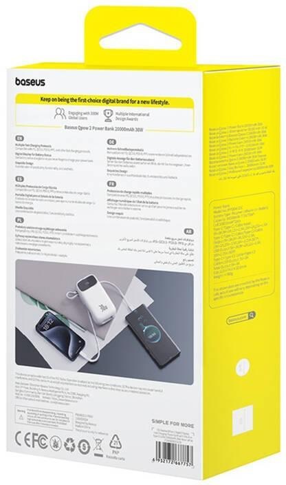 Powerbank Baseus QPow 2 10000mAh 30W z 2 wbudowanymi kablami USB-C - biały Powerbank Baseus QPow 2 10000mAh 30W z 2 wbudowanymi kablami USB-C - biały