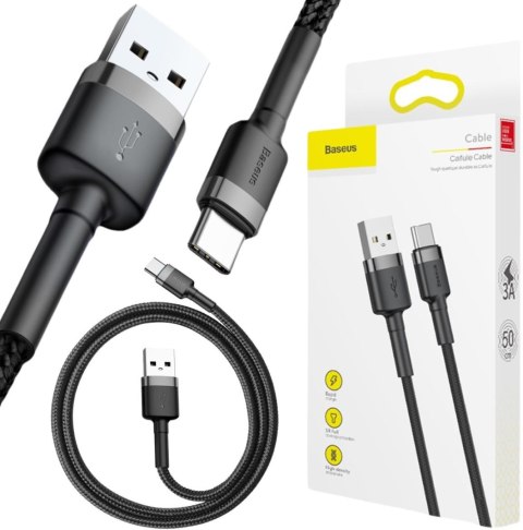 KABEL USB-A / USB-C Baseus Cafule CATKLF-AG1 50cm 3A QC 3.0 CZARNO-SZARY W NYLONOWYM OPLOCIE KABEL USB-A / USB-C Baseus Cafule CATKLF-AG1 50cm 3A QC 3.0 CZARNO-SZARY W NYLONOWYM OPLOCIE