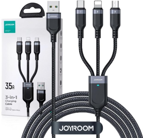 Kabel 3w1 USB-A / USB-C micro-USB Lightning Joyroom S-1T3018A18 120cm 2.4A w oplocie czarny Kabel 3w1 USB-A / USB-C micro-USB Lightning Joyroom S-1T3018A18 120cm 2.4A w oplocie czarny