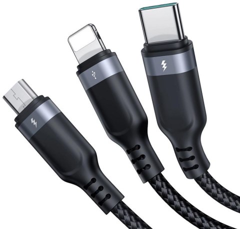 Kabel 3w1 USB-A / USB-C micro-USB Lightning Joyroom S-1T3018A18 120cm 2.4A w oplocie czarny Kabel 3w1 USB-A / USB-C micro-USB Lightning Joyroom S-1T3018A18 120cm 2.4A w oplocie czarny