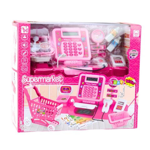 Zestaw Sklepowy Kasa Koszyk Produkty Spożywcze Światła Dźwięki Różowy