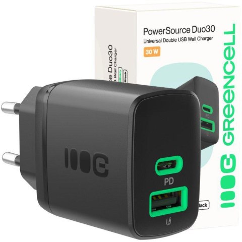 ŁADOWARKA SIECIOWA Greencell PowerSource Duo30 30W 1xUSB-C 1xUSB-A PD 3.0 QC 4.0+ czarna ŁADOWARKA SIECIOWA Greencell PowerSource Duo30 30W 1xUSB-C 1xUSB-A PD 3.0 QC 4.0+ czarna