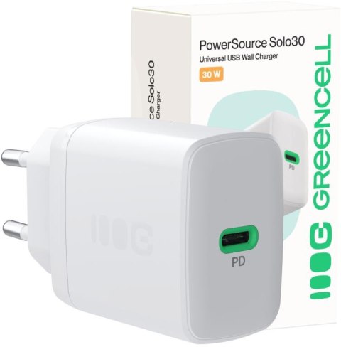 ŁADOWARKA SIECIOWA Greencell PowerSource Solo30 30W 1xUSB-C PD 3.0 QC 4.0+ biała ŁADOWARKA SIECIOWA Greencell PowerSource Solo30 30W 1xUSB-C PD 3.0 QC 4.0+ biała
