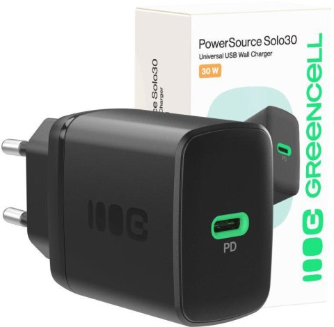 ŁADOWARKA SIECIOWA Greencell PowerSource Solo30 30W 1xUSB-C PD 3.0 QC 4.0+ czarna ŁADOWARKA SIECIOWA Greencell PowerSource Solo30 30W 1xUSB-C PD 3.0 QC 4.0+ czarna